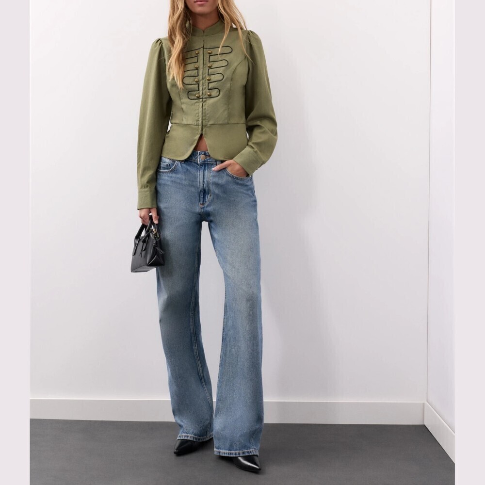 Olive Green Military Band Blouse with Stand Collar and Braid Trim